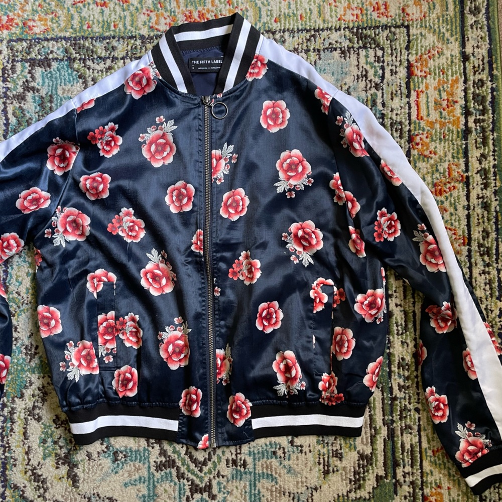 The fifth label satin floral bomber medium blue and pink